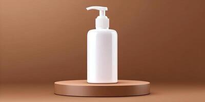 White Pump Bottle on Brown Display Platform Product Mockup photo