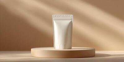 Blank White Stand Up Pouch on Platform Minimal Product Packaging Mockup photo