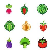 set of fresh vegetables including eggplant, onion, lettuce, broccoli, radish, pepper, and tomato vector