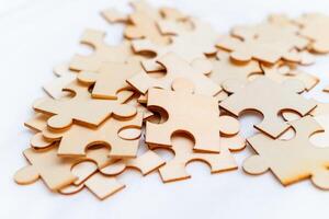 Puzzle pieces representing business strategy planning creative workspace digital content calm environment aerial view conceptual thinking photo
