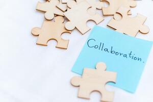 Enhancing business collaboration with puzzle pieces office space visual worksheet creative environment top-down perspective teamwork concept photo