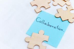 Enhancing business collaboration through puzzle pieces office space visual content creative environment close-up view teamwork concept photo