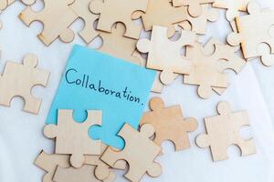 Enhancing business collaboration through puzzle pieces office space digital content creative environment unique viewpoint teamwork concept photo
