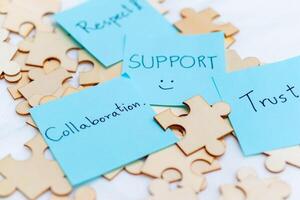Collaboration and support in business a puzzle of trust in modern workspaces inspirational environment thoughtful viewpoint photo