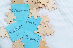 Collaboration and trust building in business office environment visual content puzzle piece concept team dynamics for enhanced performance photo