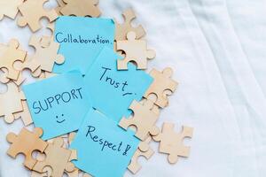 Team building event promoting business values office space digital content collaborative environment top-down view growth mindset photo