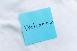 Welcome note signifying business engagement office space visual communication professional environment close-up view brand awareness photo