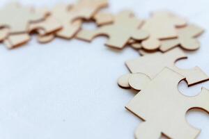 Business strategy meeting office space puzzle pieces collaborative environment close-up view problem-solving concept photo