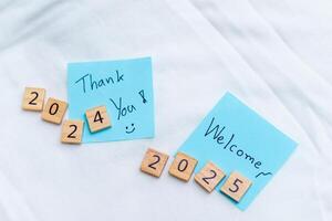 Business reflections thank you 2024 and welcome 2025 motivational message inspirational workspace positive environment creative viewpoint photo