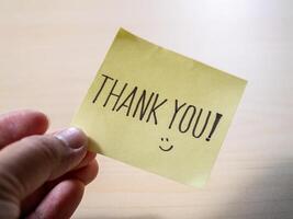 Minimalist office desk close-up handwritten gratitude note with inspirational message photo