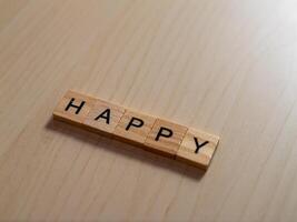 Celebrating joy happy letters a wooden table indoor setting close-up view positive vibes photo