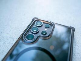 Mobile action close-up of smartphone camera indoor setting technology concept photo