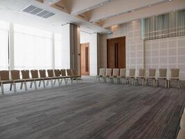 Wide angle view of a bright modern office meeting setup professional design elements photo