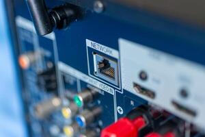 Connecting devices network interface close-up technology setup indoor studio detailed perspective photo