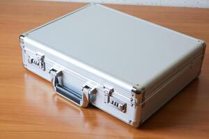 Business attache case wooden surface office setting product minimalistic view photo