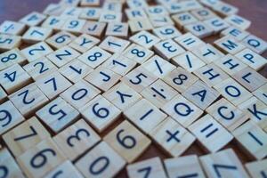 Creative tile arrangement game in indoor setting close-up view of letters and numbers photo