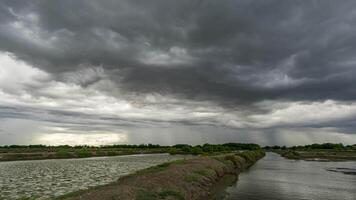 Storm clouds over the river in the middle of a field video