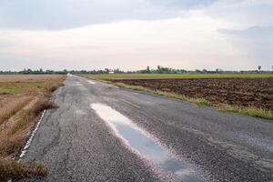 Lonely road surrounded by fields rural landscape open sky wide angle view photo