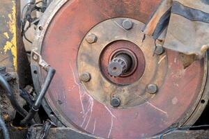 Industrial machinery components under maintenance factory workshop close-up view engineering concept photo