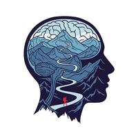 Mindful Hiking Travel with Thoughts, Mountains, and Person. vector