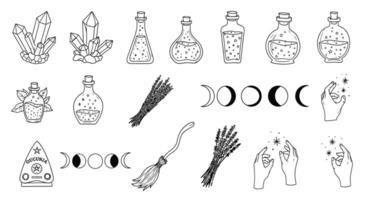 Witchcraft Set Potions with Crystals, Broom, and Moons. vector