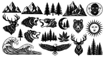 Nature Set with Mountains, Trees, and Animals. vector