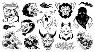 Yokai Japan Line Art with Ghost, Demon, and Monster. vector