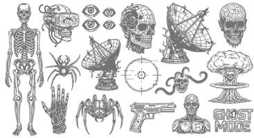 Cyberpunk Skull Collection with Anatomy, and VR Set. vector