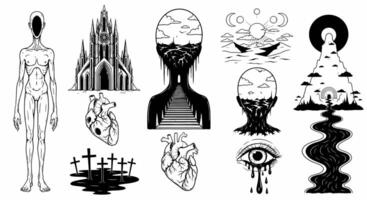 Gothic Surrealism Icon Set. vector