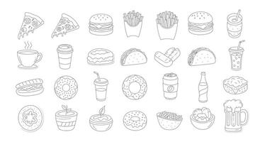 Fast Food Doodles Pizza with Burger, Fries, and Drink. vector