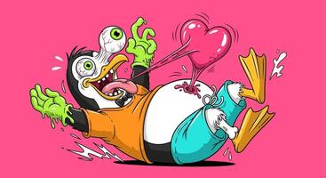 Cartoon Zombie Penguin Heart Attack with Pink. vector