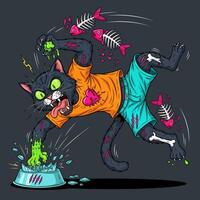 Zombie cat attacks bowl with humorous horror. vector