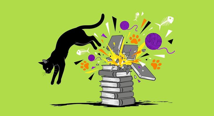 Cat jumping books explosion.