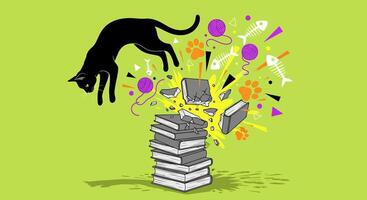 Mischief Cat Jump Book Stack Break Art. vector