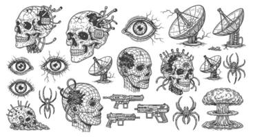 Cyberpunk Elements with Skulls, Eyes, and HandDrawn Set. vector