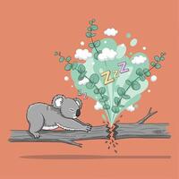 Koala Sleeping with Eucalyptus Dream, and Cartoon Style. vector