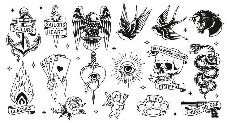 Tattoo flash set Old school design.