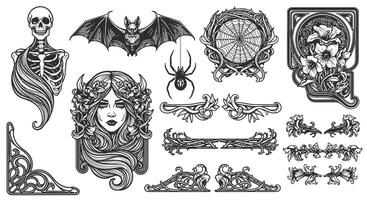 Gothic Art Nouveau elements with skeleton, bat, and spider. vector