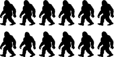 Multiple walking bigfoot sasquatch figures in a repeating pattern silhouette vector