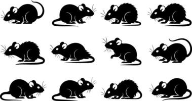 Collection of twelve black mouse silhouettes in various poses and styles silhouette vector