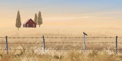 Countryside with a red barn and barbed wire vector