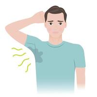 The man with body odor problem illustration. The guy is sweating and feeling bad smell from his armpits The body odor men is caused by a mix of bacteria and sweat on skin surface. vector