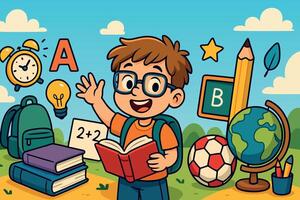 Child reading book with school supplies vector