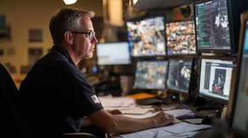 Monitoring complex systems in a control room during the late evening shift with multiple displays and intense focus photo