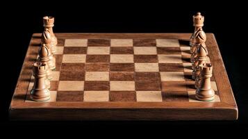 Chess game setup with wooden pieces on a checkered board in a low-light environment creating a dramatic atmosphere photo