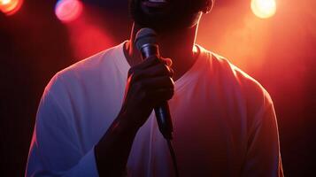 Musician performs passionately under vibrant stage lights during a live concert event photo