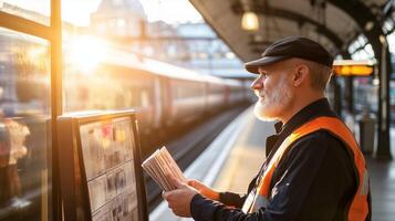 Train station attendant reviewing schedules during sunset at a busy railway platform photo