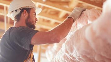 Worker installs insulation in a building under construction during daylight hours, ensuring energy efficiency and safety photo