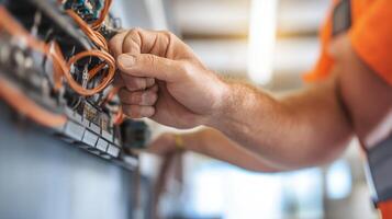 Technician working with electrical wiring in a well-lit industrial environment during the day photo