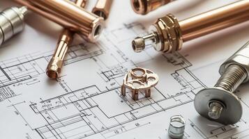 Detailed engineering components with blueprints displayed on a worktable in a workshop setting photo